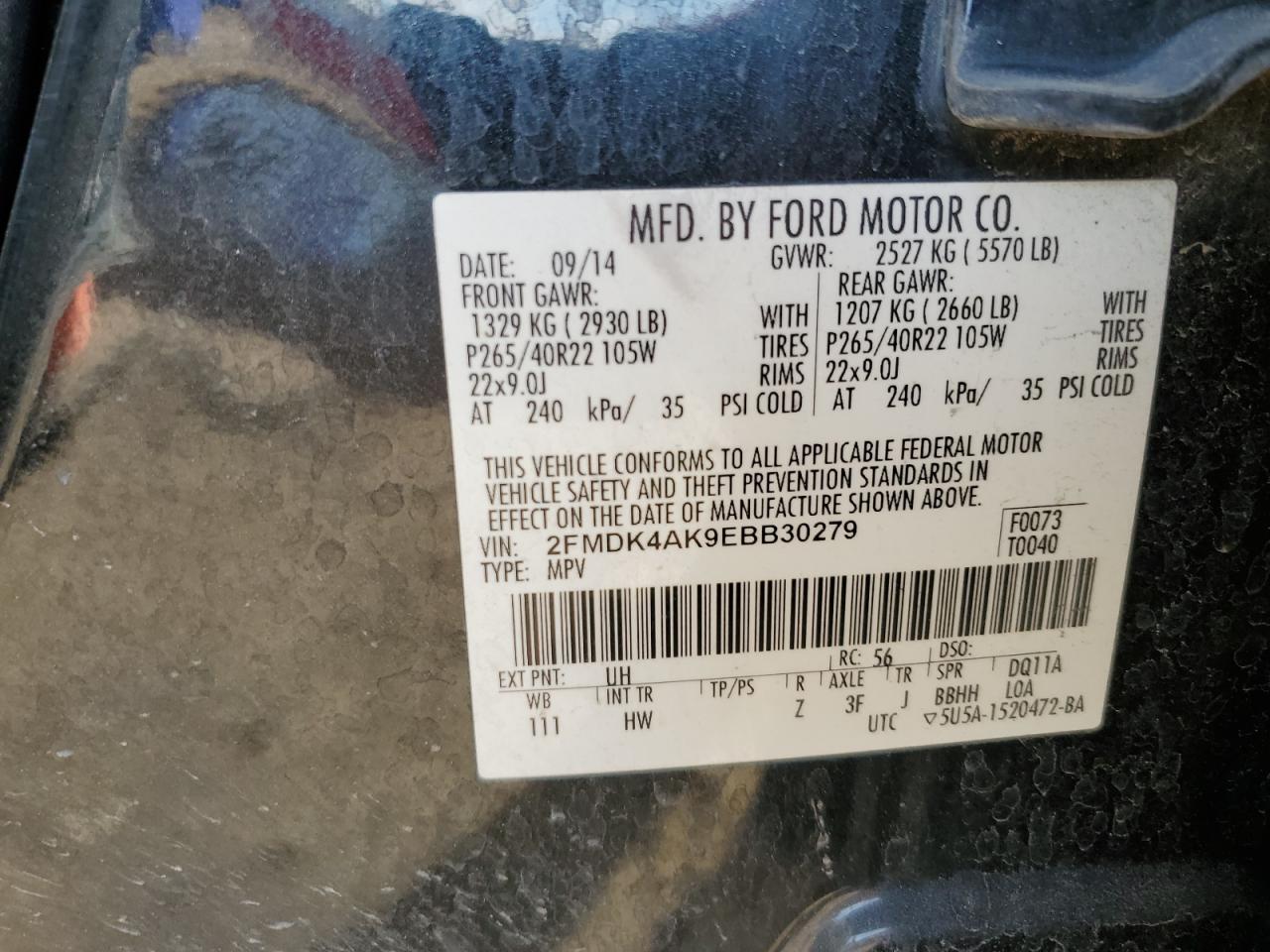 2014 Ford Edge Sport VIN: 2FMDK4AK9EBB30279 Lot: 89672495