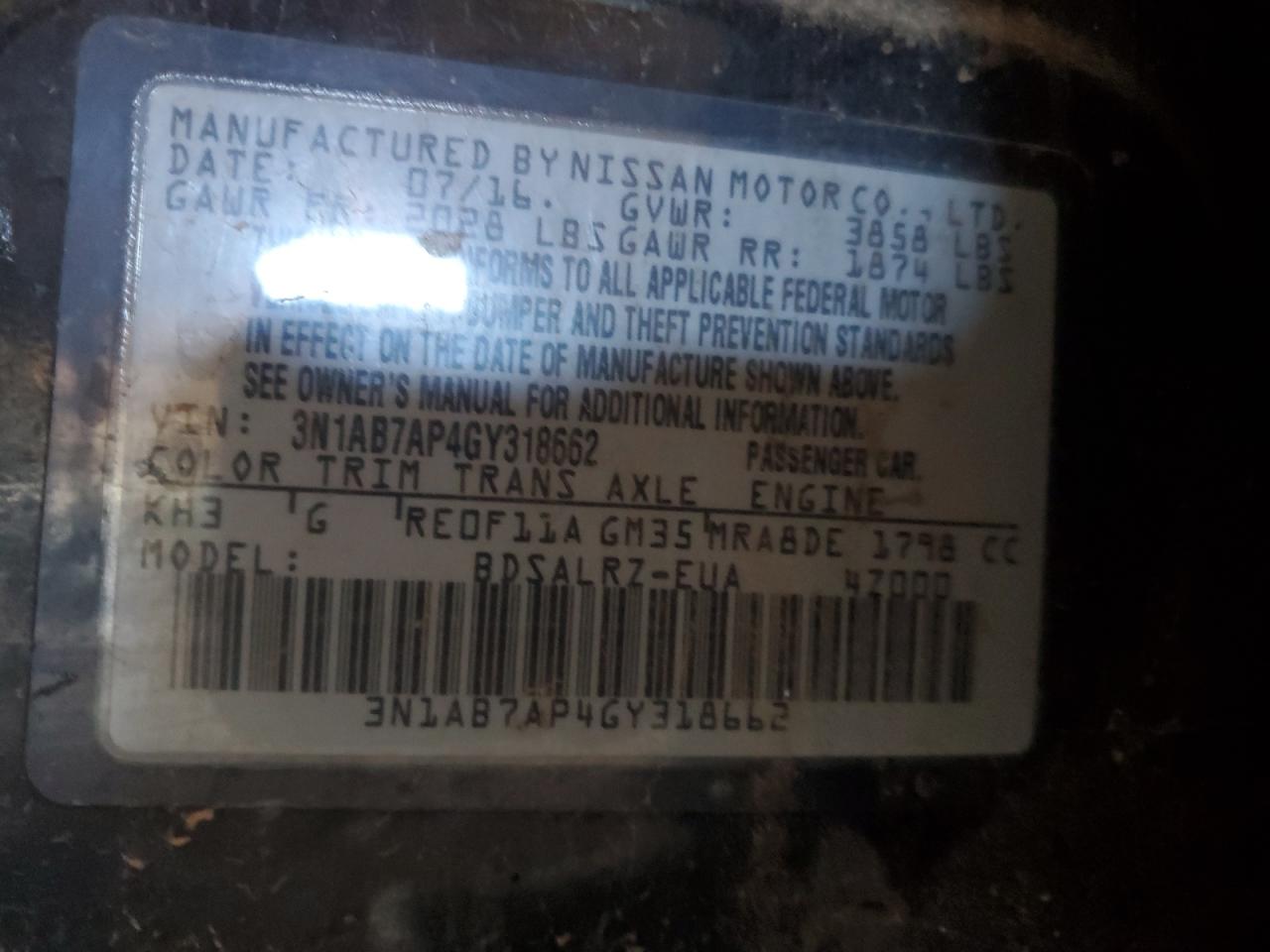2016 Nissan Sentra S VIN: 3N1AB7AP4GY318662 Lot: 84653155