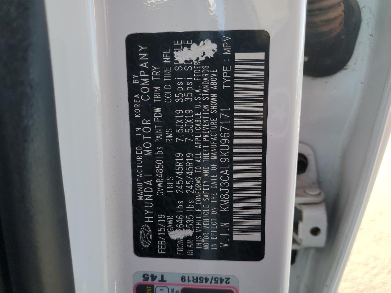 2019 Hyundai Tucson Limited VIN: KM8J3CAL9KU967171 Lot: 80754085