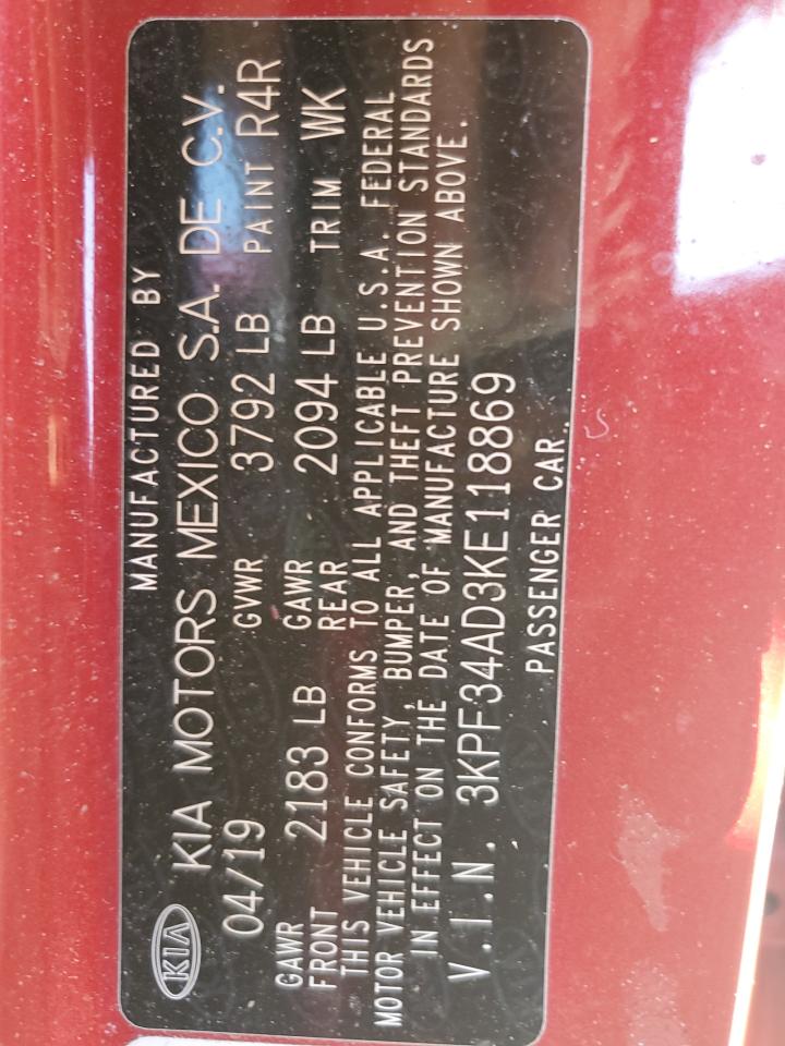 2019 Kia Forte Gt Line VIN: 3KPF34AD3KE118869 Lot: 84834005