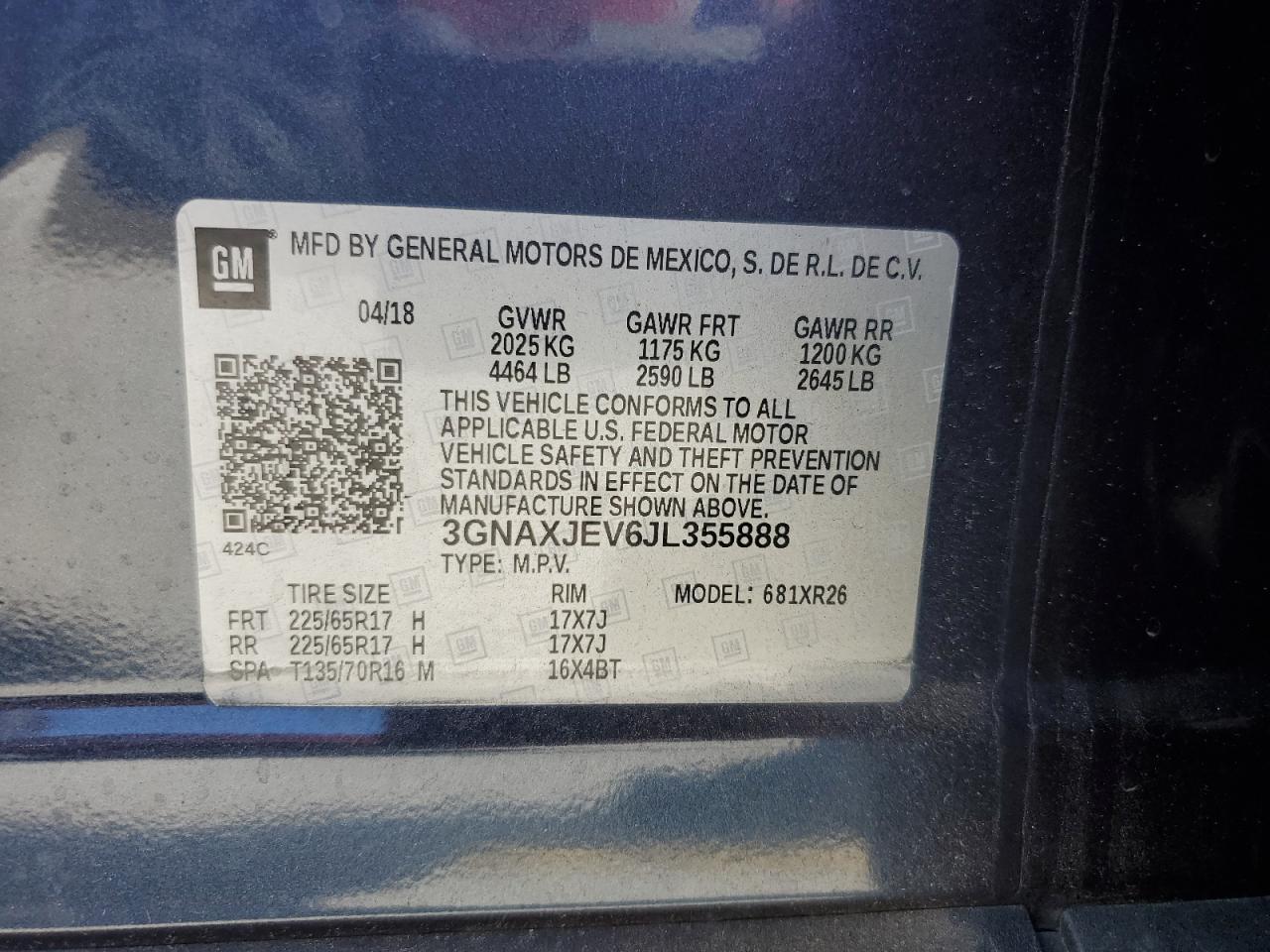 2018 Chevrolet Equinox Lt VIN: 3GNAXJEV6JL355888 Lot: 82439675