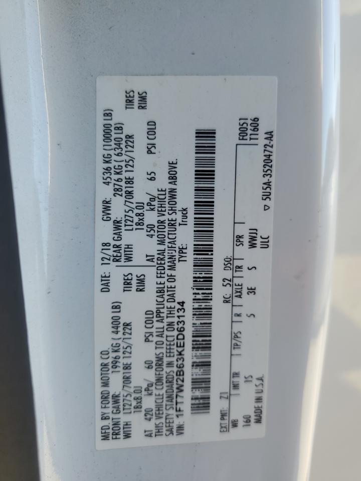 2019 Ford F250 Super Duty VIN: 1FT7W2B63KED63134 Lot: 82629935
