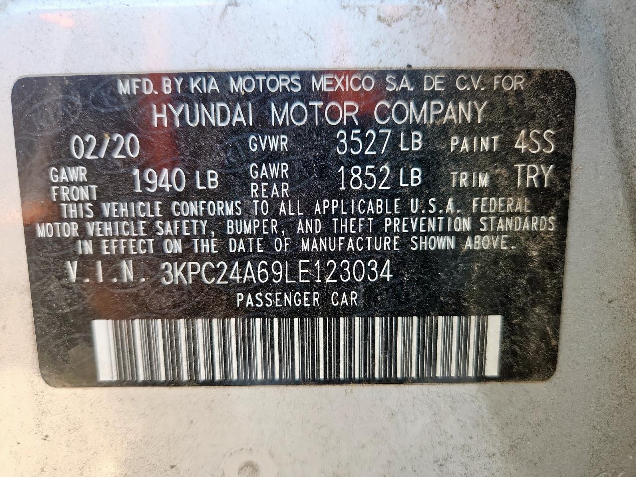 2020 Hyundai Accent Se VIN: 3KPC24A69LE123034 Lot: 85939755