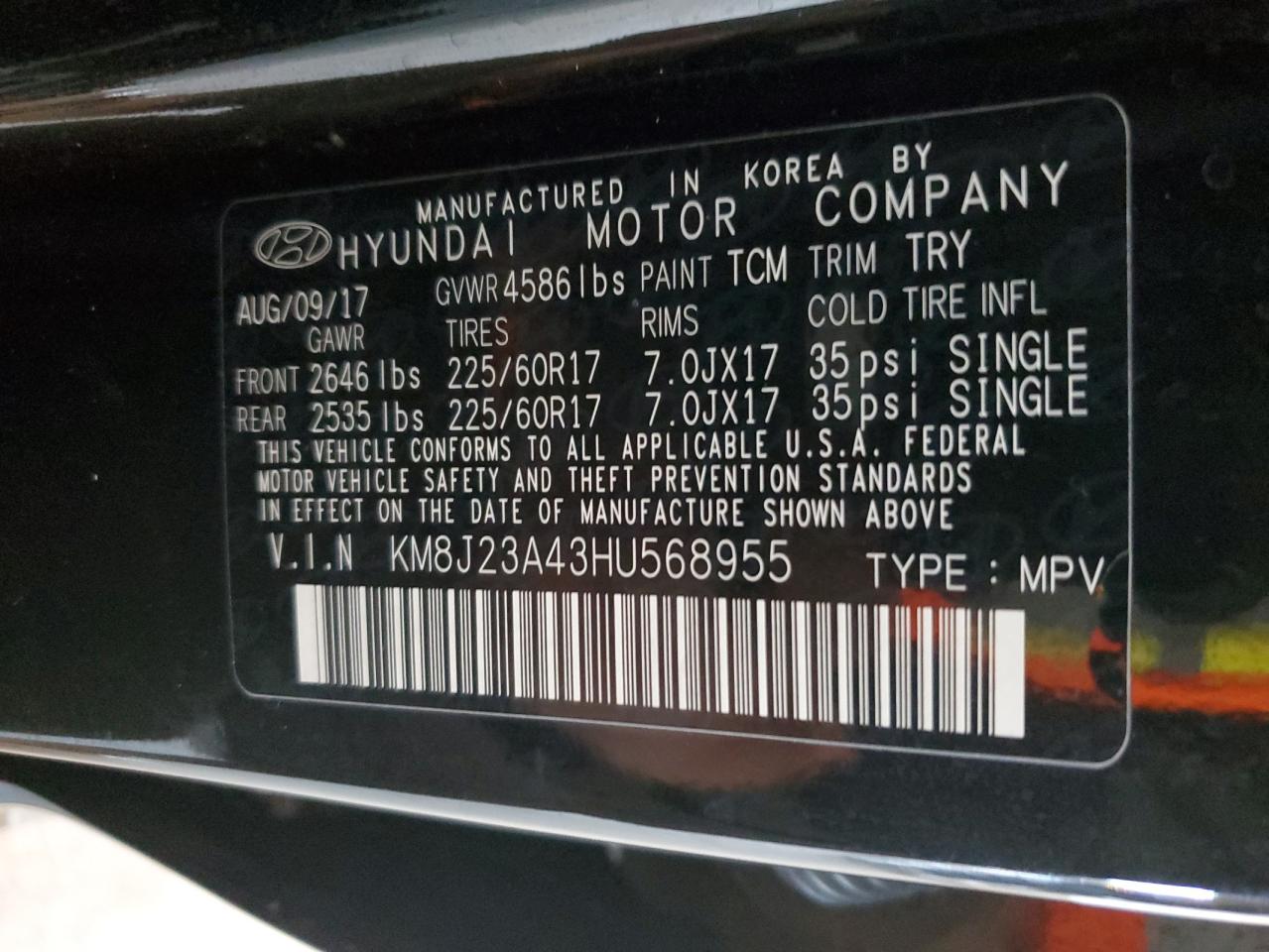 2017 Hyundai Tucson Se VIN: KM8J23A43HU568955 Lot: 89449595