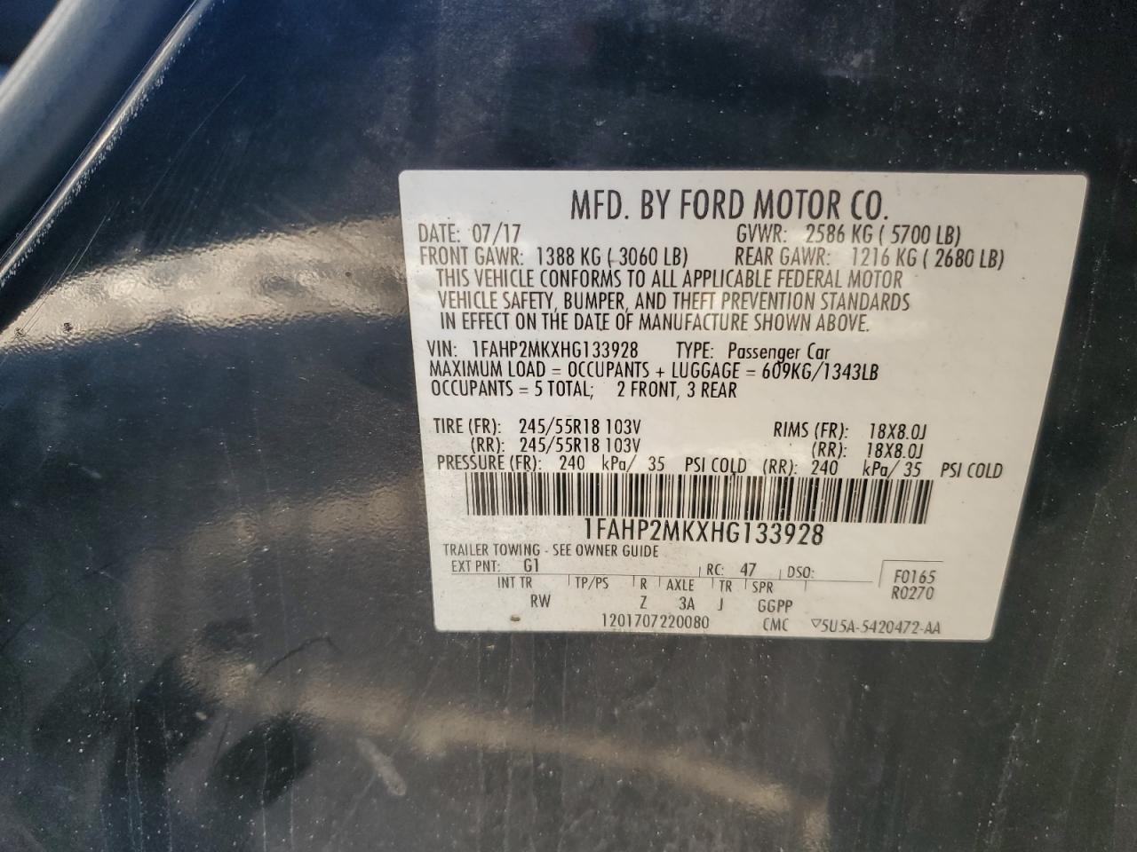 2017 Ford Taurus Police Interceptor VIN: 1FAHP2MKXHG133928 Lot: 84836695