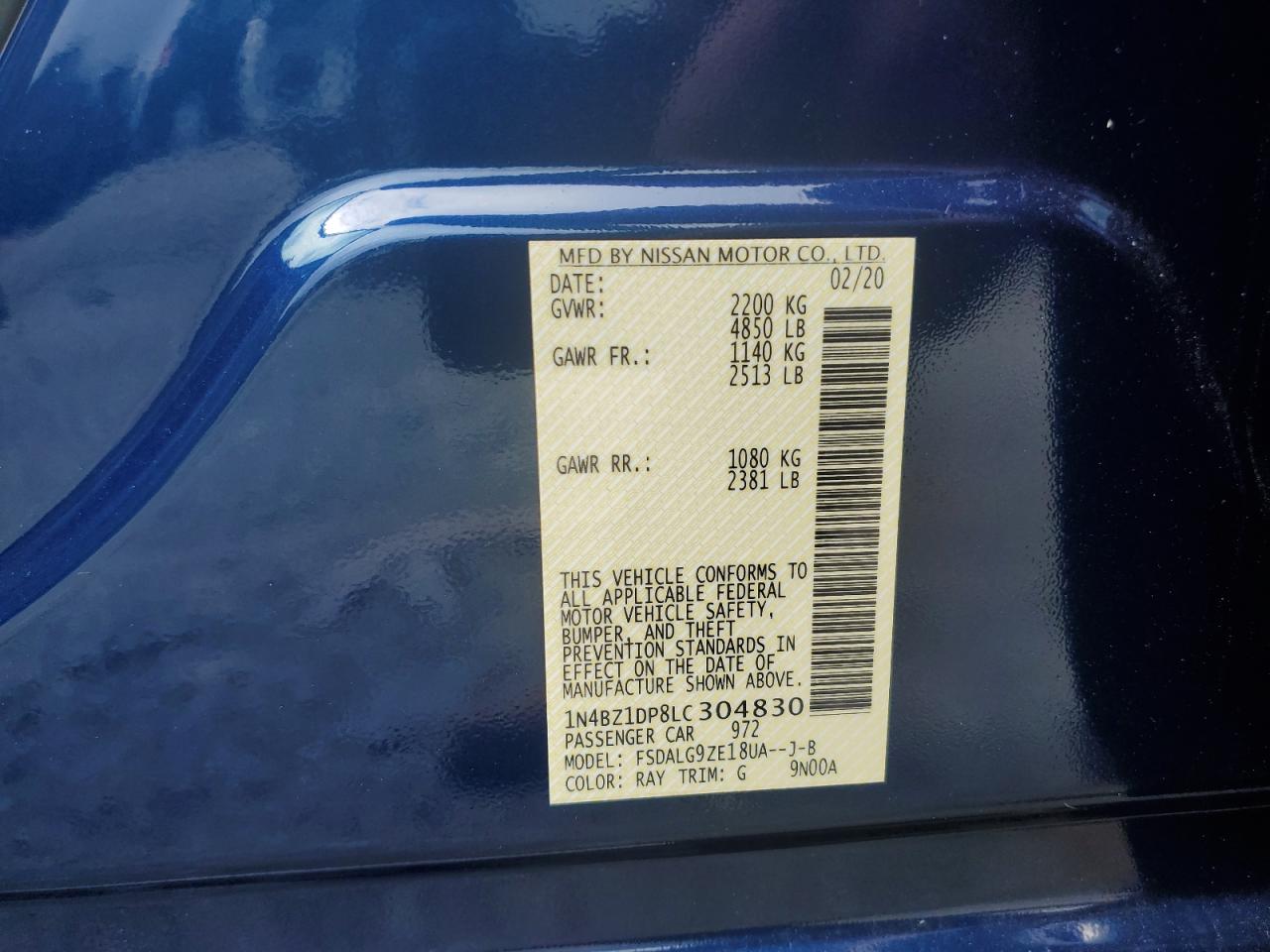 2020 Nissan Leaf Sl Plus VIN: 1N4BZ1DP8LC304830 Lot: 82299925