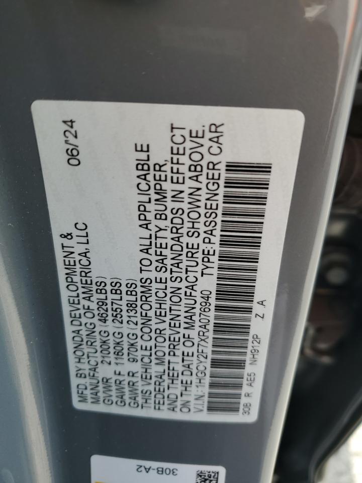 2024 Honda Accord Hybrid Sport-L VIN: 1HGCY2F7XRA076940 Lot: 85724485