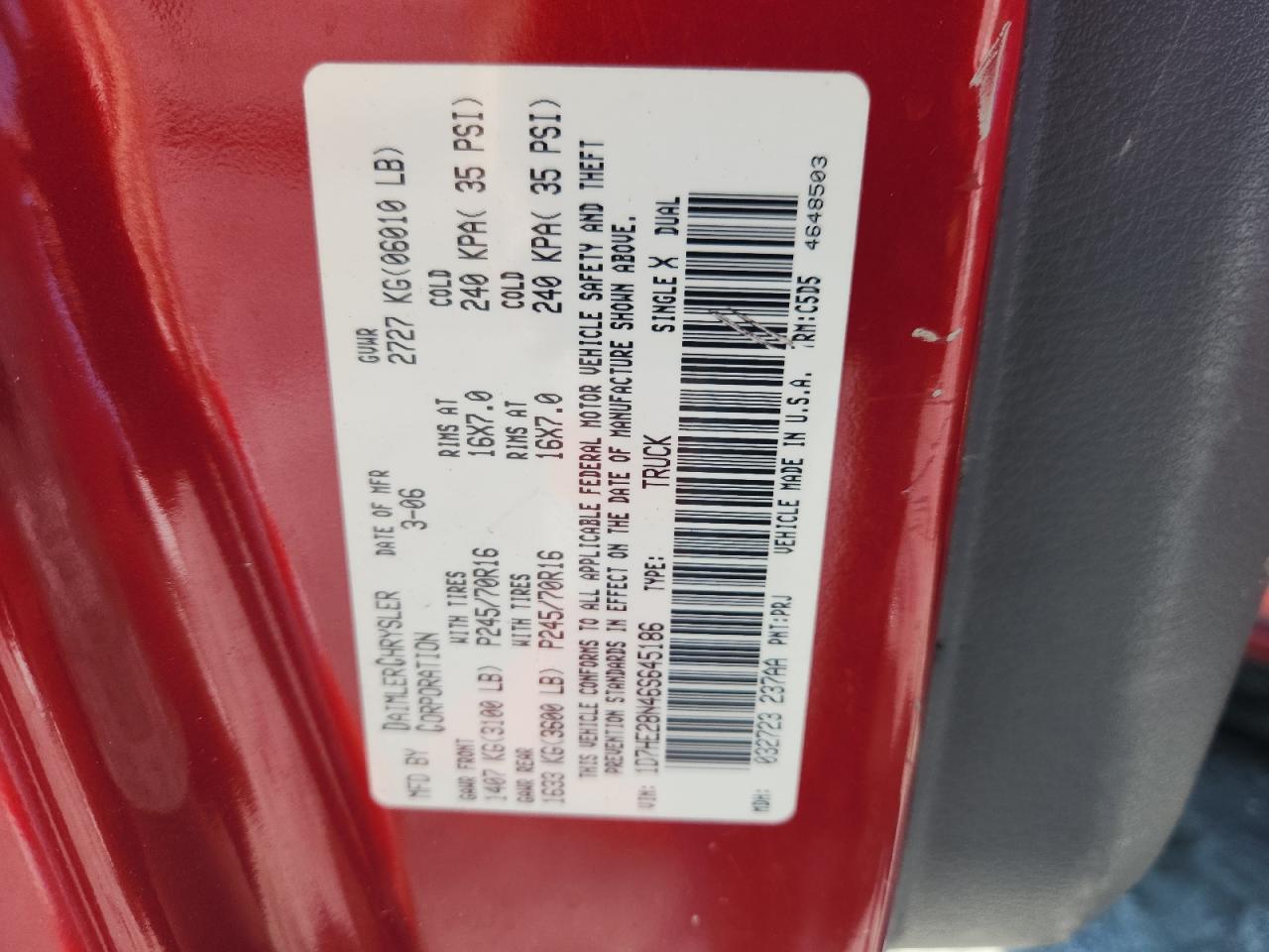 2006 Dodge Dakota Quad VIN: 1D7HE28N46S645186 Lot: 81959105