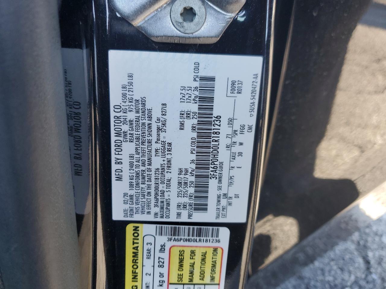 2020 Ford Fusion Se VIN: 3FA6P0HD0LR181236 Lot: 86894355