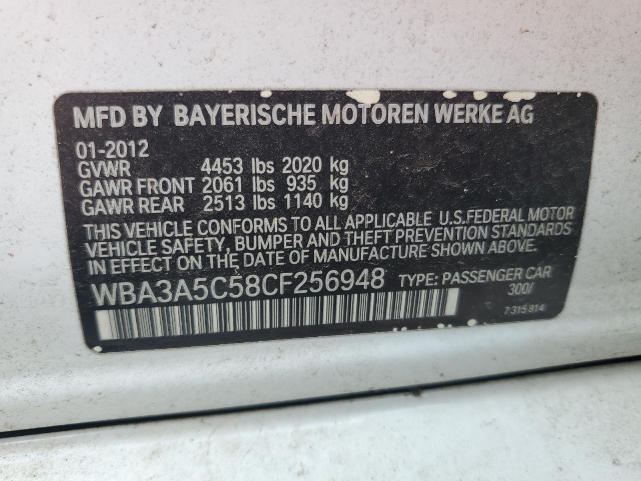 2012 BMW 328 I VIN: WBA3A5C58CF256948 Lot: 85860115