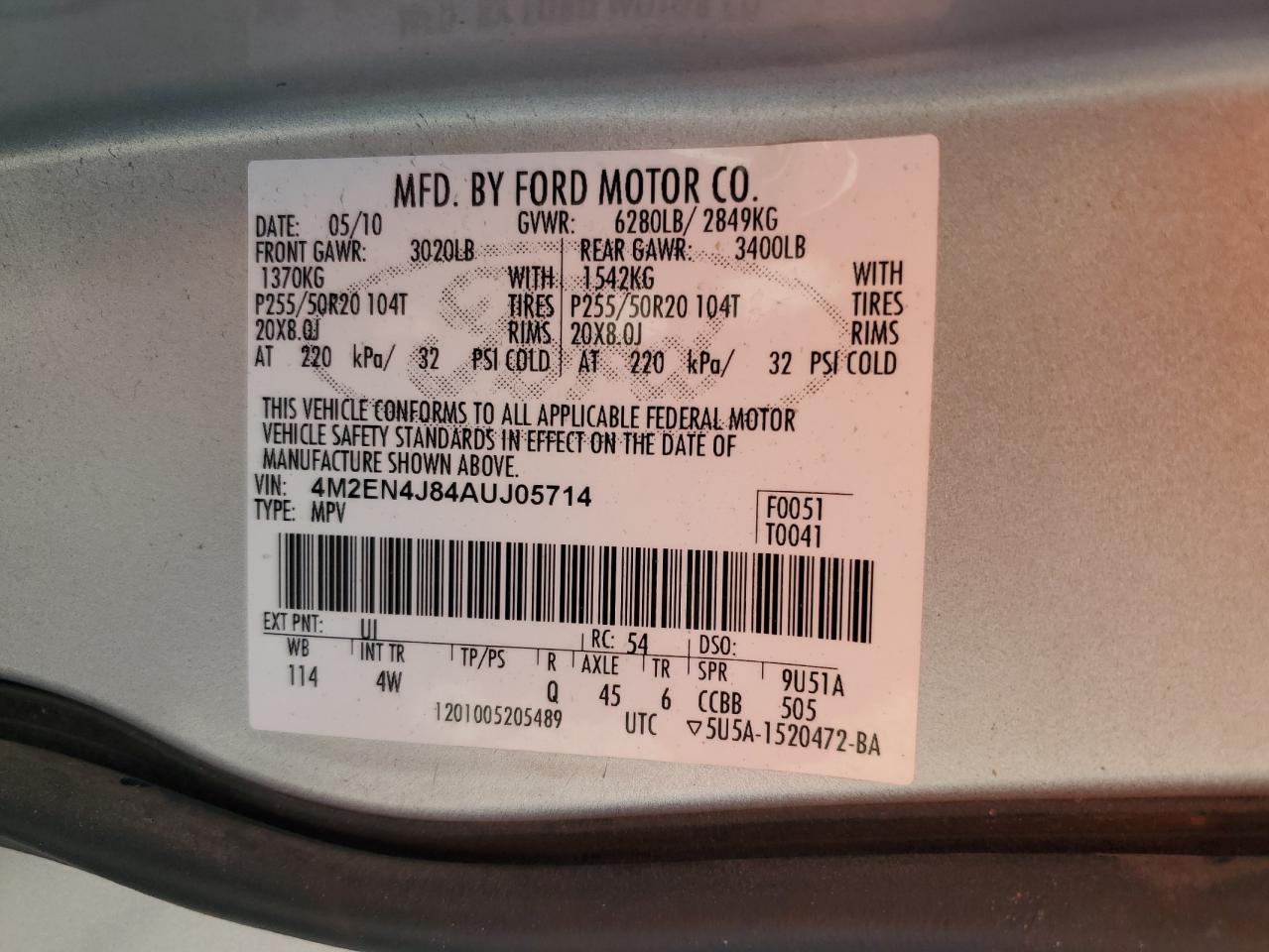 2010 Mercury Mountaineer Premier VIN: 4M2EN4J84AUJ05714 Lot: 85927965