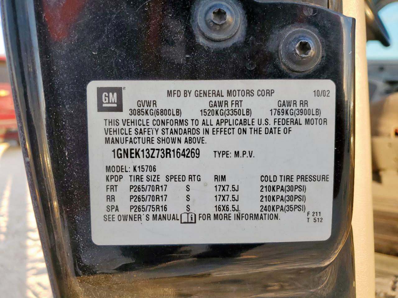 2003 Chevrolet Suburban K1500 VIN: 3GNFK16Z53G154565 Lot: 85582955