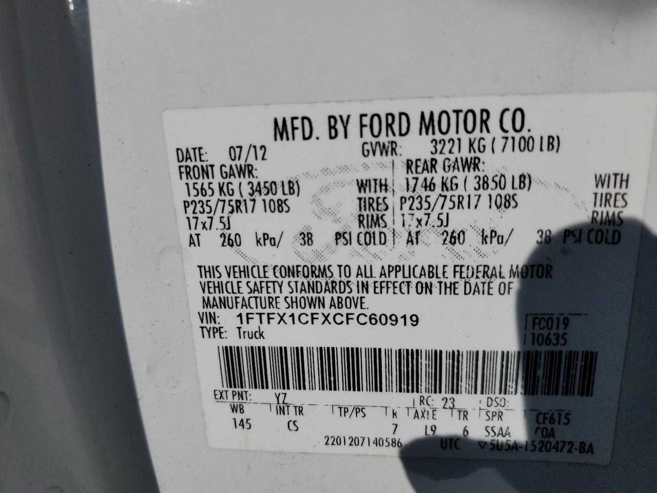 2012 Ford F150 Super Cab VIN: 1FTFX1CFXCFC60919 Lot: 86437025