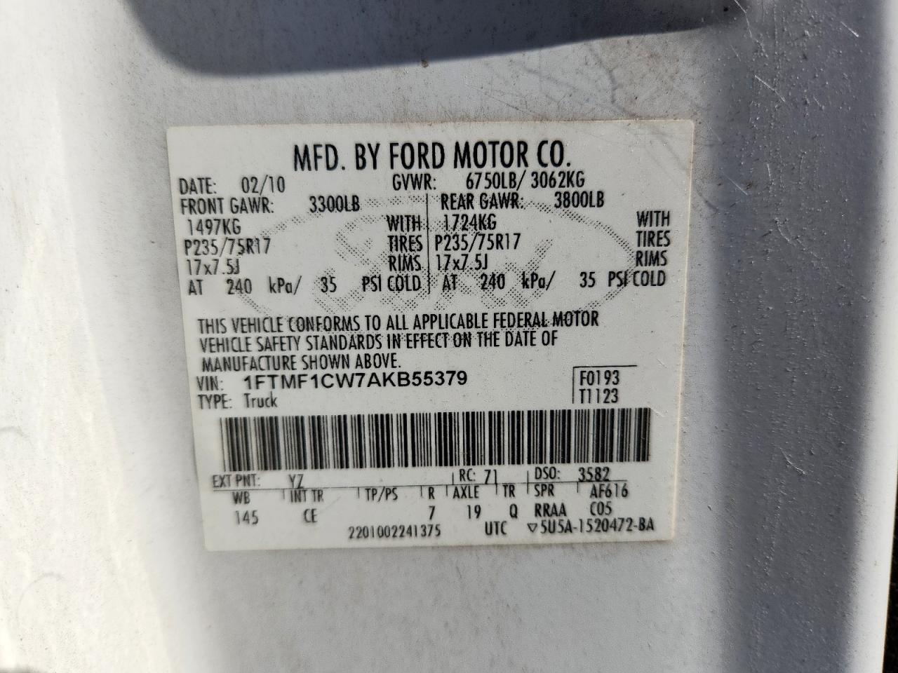 2010 Ford F150 VIN: 1FTMF1CW7AKB55379 Lot: 90828645