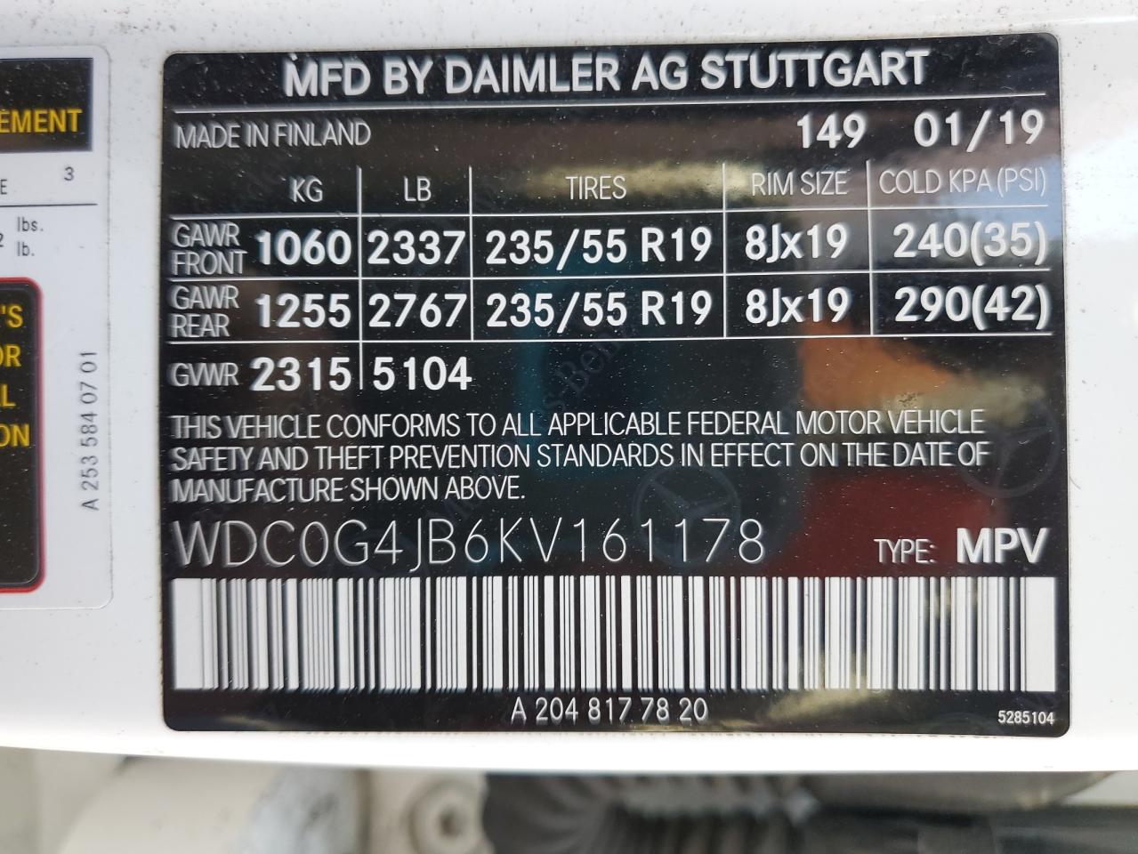 2019 Mercedes-Benz Glc 300 VIN: WDC0G4JB6KV161178 Lot: 89699835