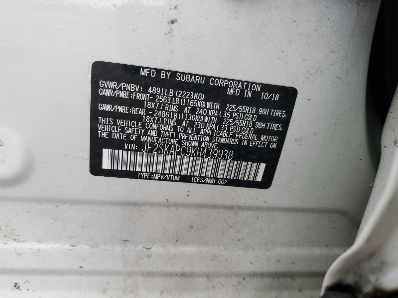 2019 Subaru Forester Sport VIN: JF2SKAPC9KH439938 Lot: 86465305