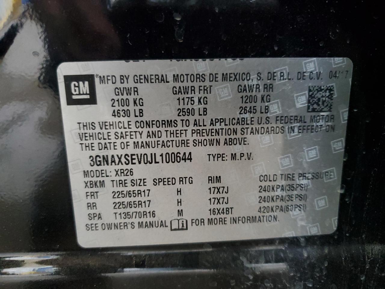 2018 Chevrolet Equinox Lt VIN: 3GNAXSEV0JL100644 Lot: 85095155