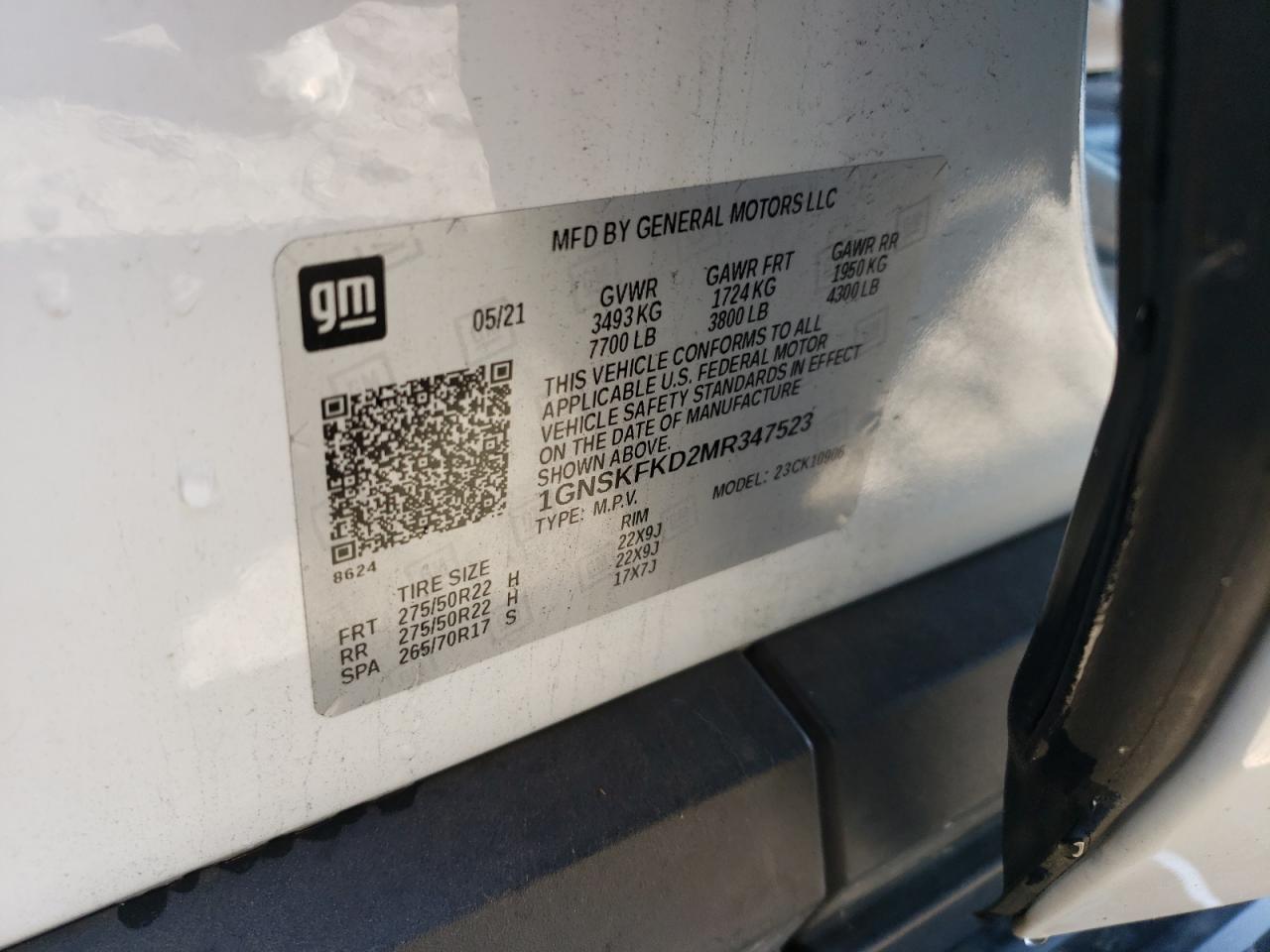 2021 Chevrolet Suburban K1500 Premier VIN: 1GNSKFKD2MR347523 Lot: 91031645