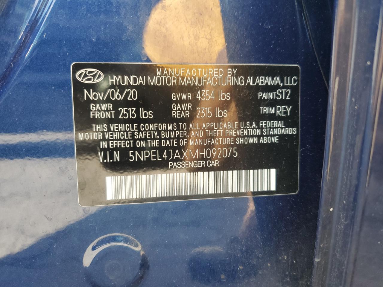 2021 Hyundai Sonata Sel VIN: 5NPEL4JAXMH092075 Lot: 85869625