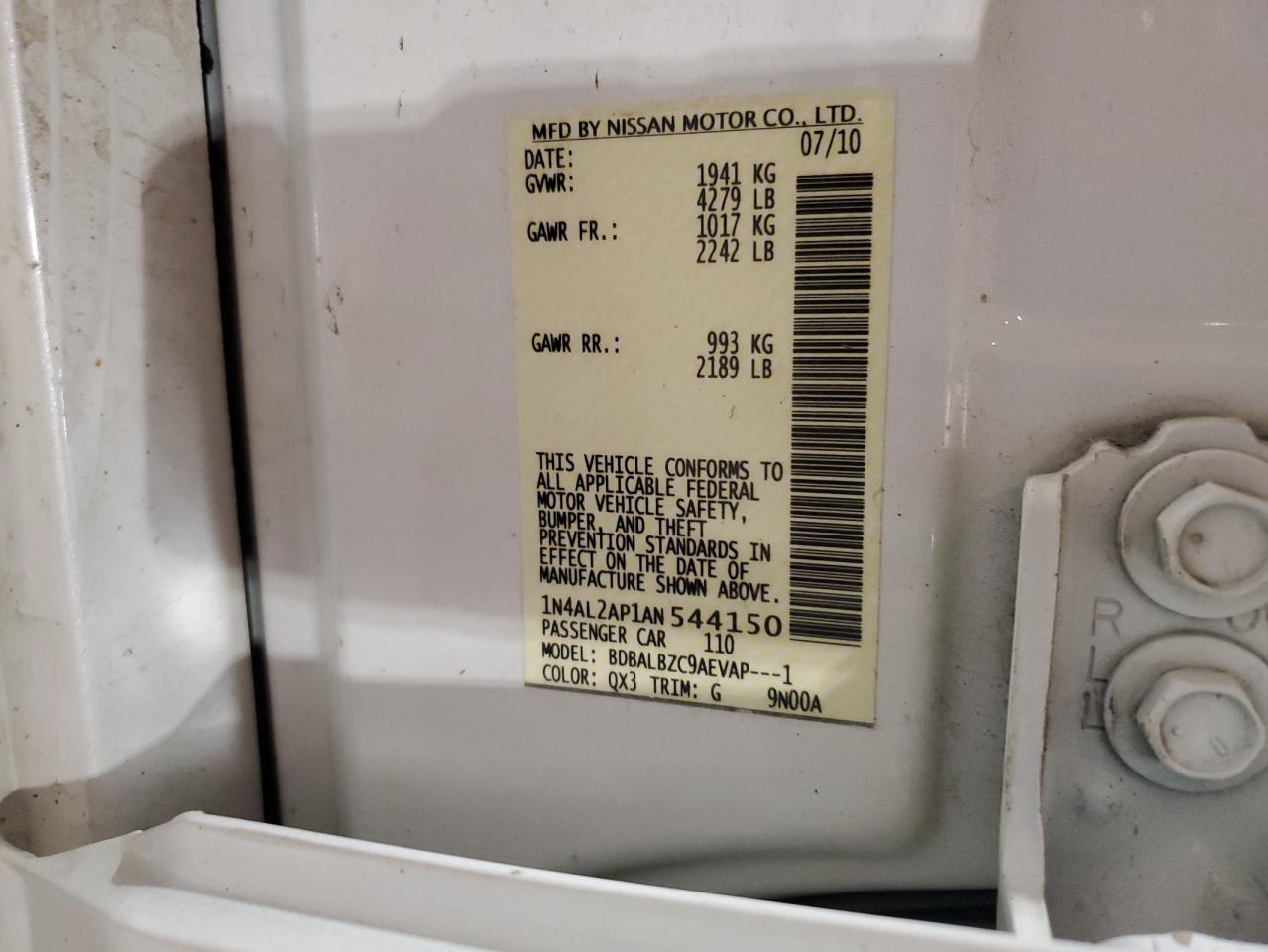 2010 Nissan Altima Base VIN: 1N4AL2AP1AN544150 Lot: 82216485