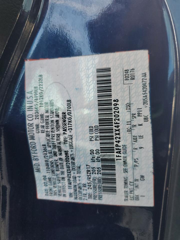 2004 Ford Mustang Gt VIN: 1FAFP42XX4F202098 Lot: 82347865