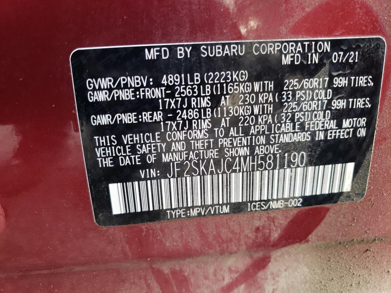 2021 Subaru Forester Premium VIN: JF2SKAJC4MH581190 Lot: 90383035