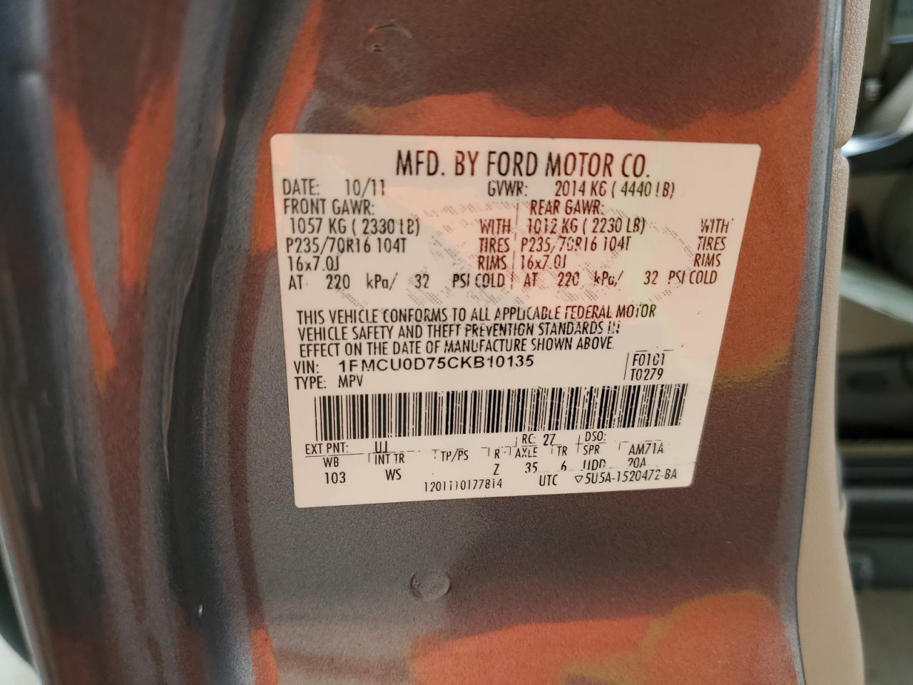 2012 Ford Escape Xlt VIN: 1FMCU0D75CKB10135 Lot: 89615225