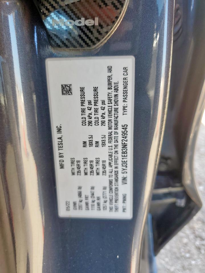 2022 Tesla Model 3 VIN: 5YJ3E1EB3NF249545 Lot: 86498275