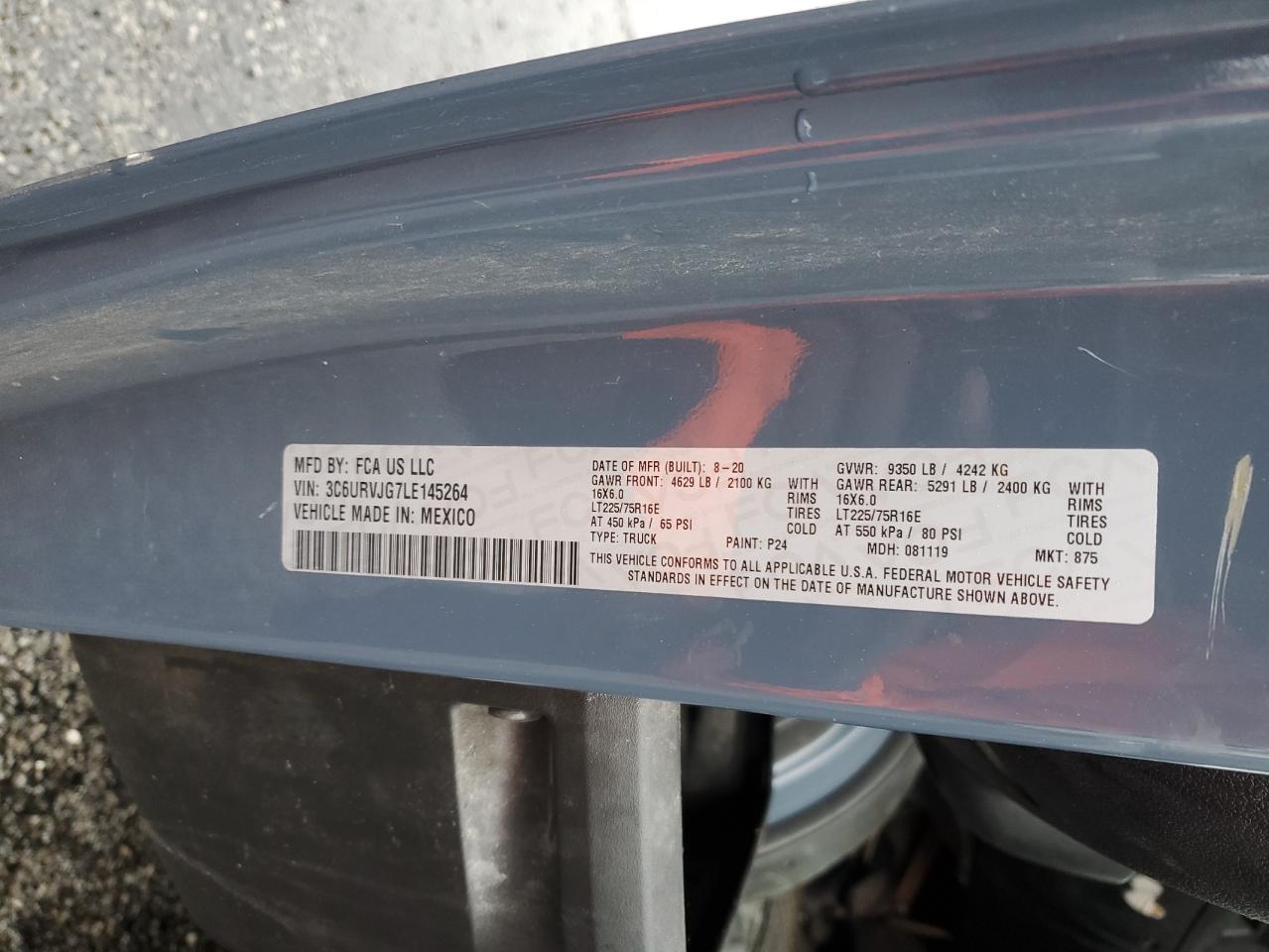 2020 Ram Promaster 3500 Delivery Van VIN: 3C6URVJG7LE145264 Lot: 86990735