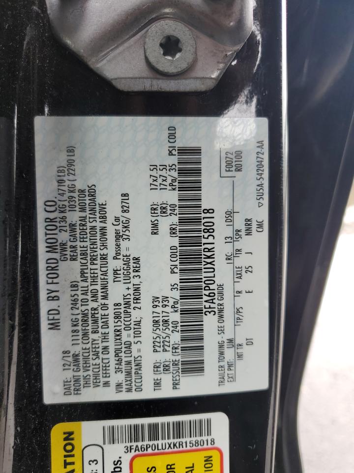 2019 Ford Fusion Se VIN: 3FA6P0LUXKR158018 Lot: 85835255