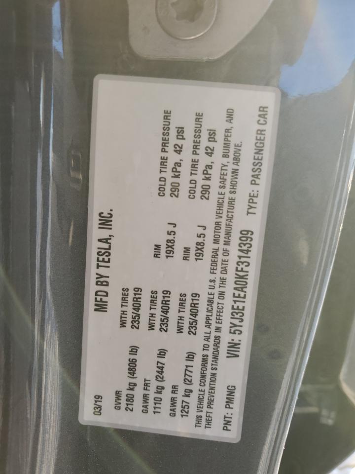 2019 Tesla Model 3 VIN: 5YJ3E1EA0KF314399 Lot: 85319295