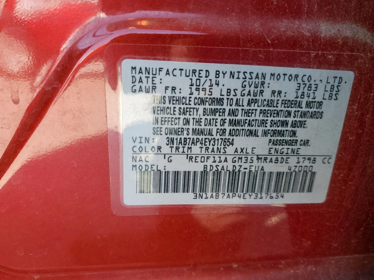 2014 Nissan Sentra S VIN: 3N1AB7AP4EY317654 Lot: 85259705