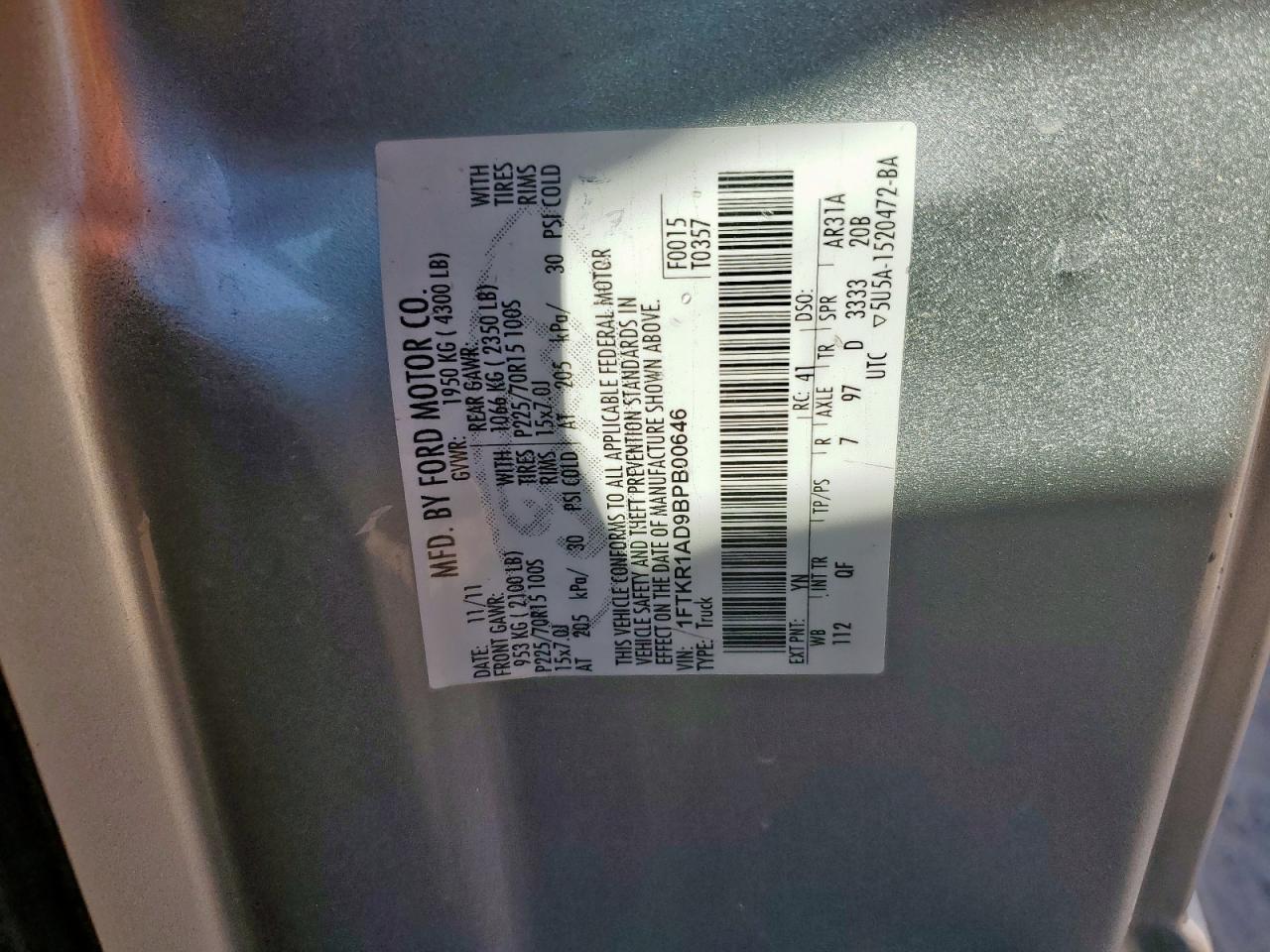 2011 Ford Ranger VIN: 1FTKR1AD9BPB00646 Lot: 85170735