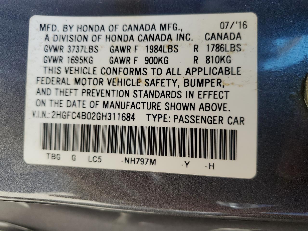 2016 Honda Civic Lx VIN: 2HGFC4B02GH311684 Lot: 81960355