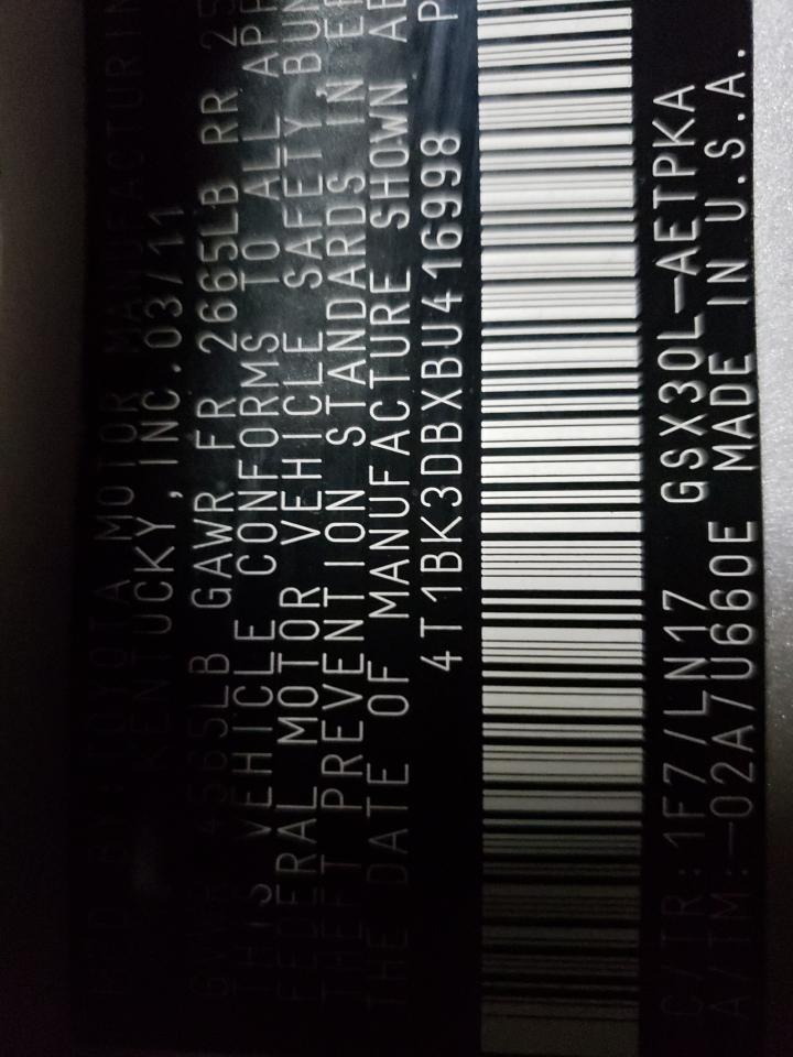 2011 Toyota Avalon Bas VIN: 4T1BK3DBXBU416998 Lot: 91331105