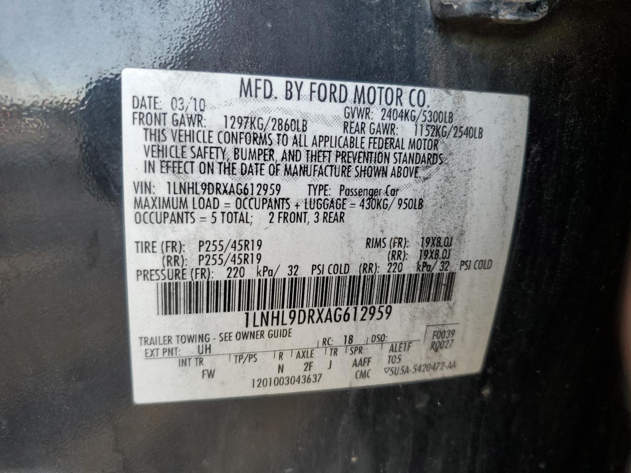 2010 Lincoln Mks VIN: 1LNHL9DRXAG612959 Lot: 85348225