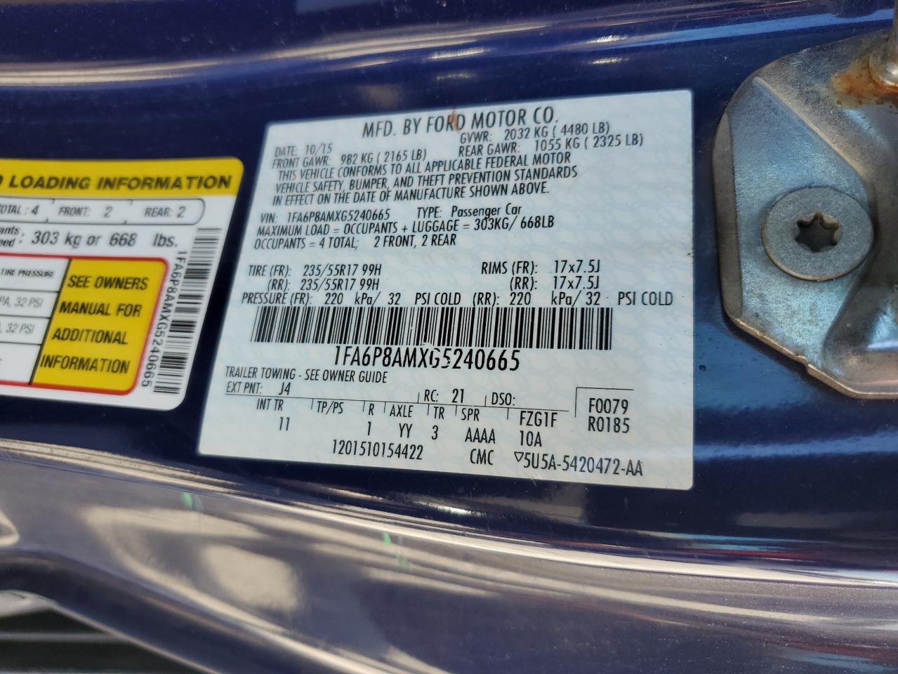 2016 Ford Mustang VIN: 1FA6P8AMXG5240665 Lot: 87053135