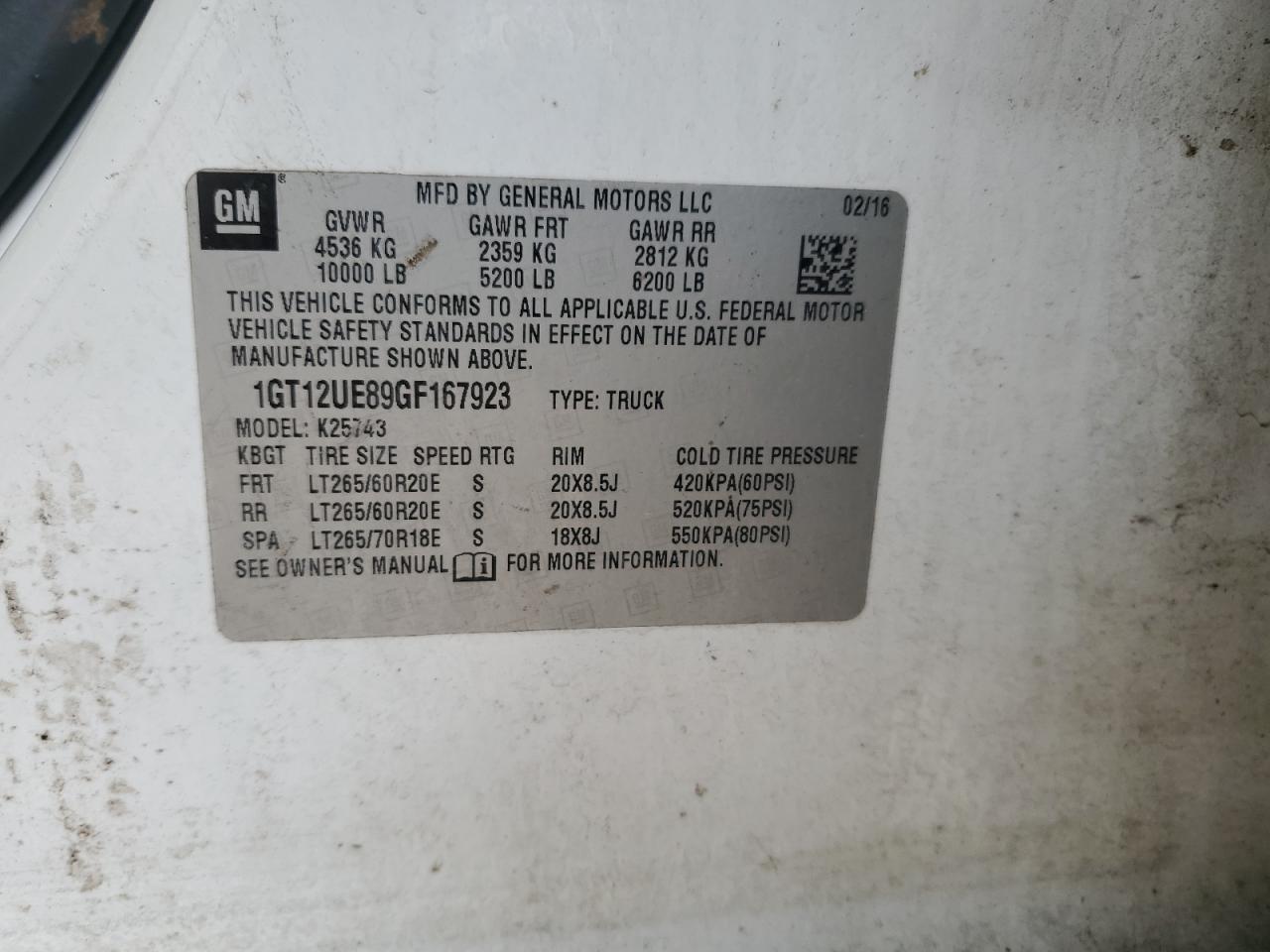 2016 GMC Sierra K2500 Denali VIN: 1GT12UE89GF167923 Lot: 82786195