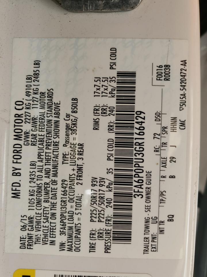 2016 Ford Fusion Se Phev VIN: 3FA6P0PU3GR166429 Lot: 90495555