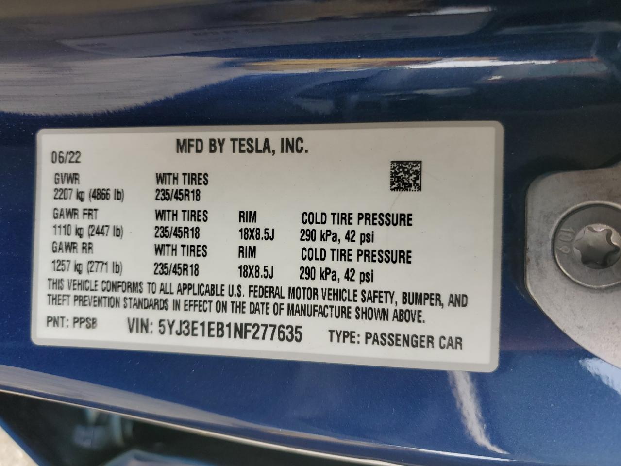 2022 Tesla Model 3 VIN: 5YJ3E1EB1NF277635 Lot: 85372175