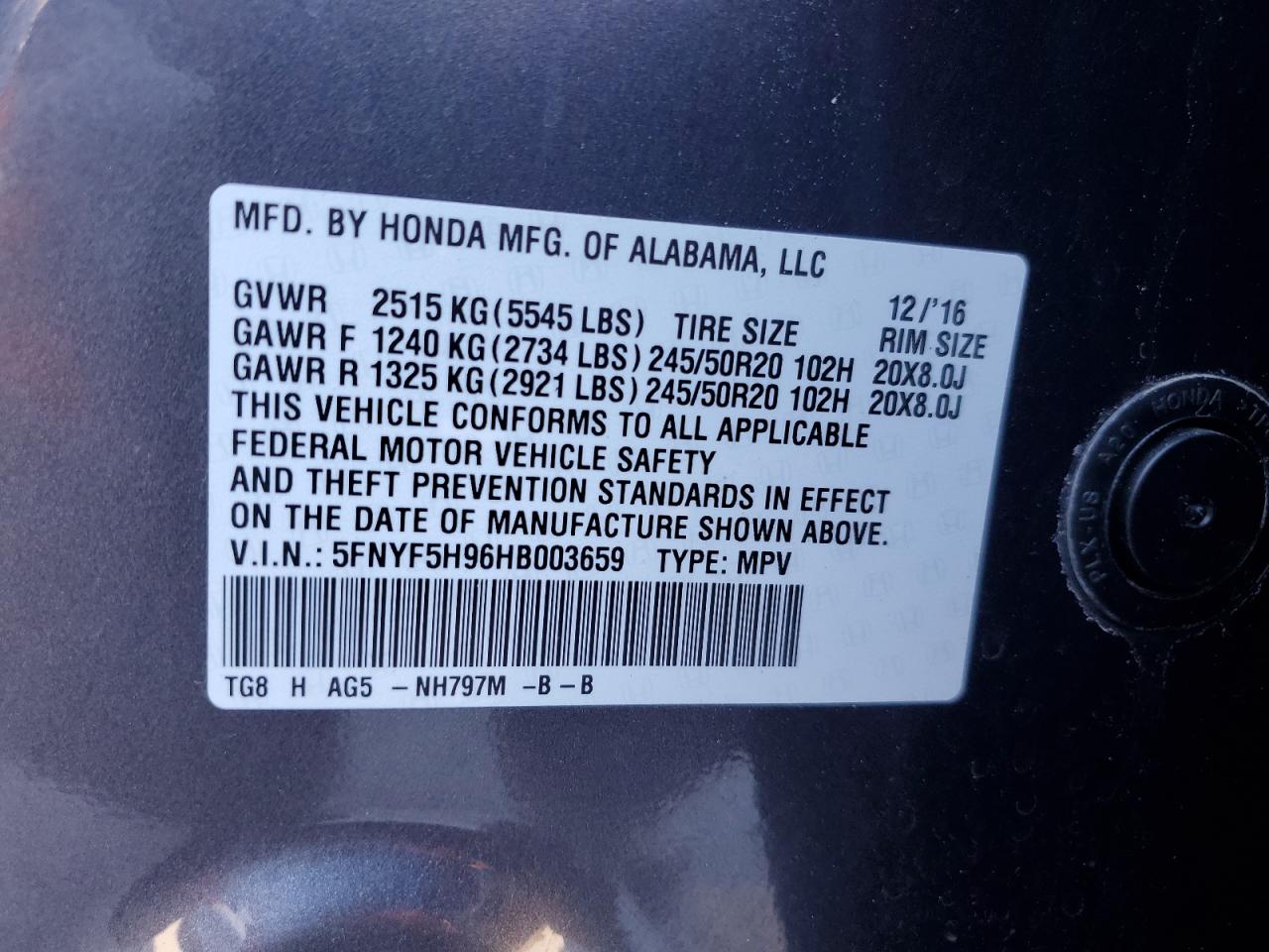 2017 Honda Pilot Touring VIN: 5FNYF5H96HB003659 Lot: 86496755
