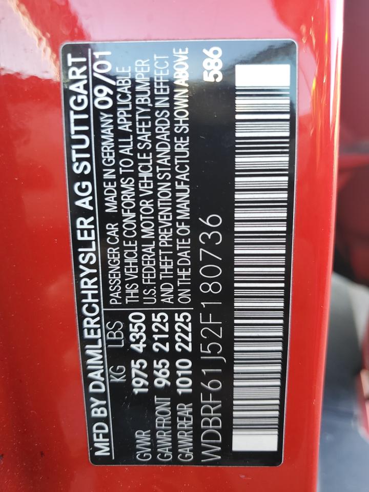 2002 Mercedes-Benz C 240 VIN: WDBRF61J52F180736 Lot: 89566395