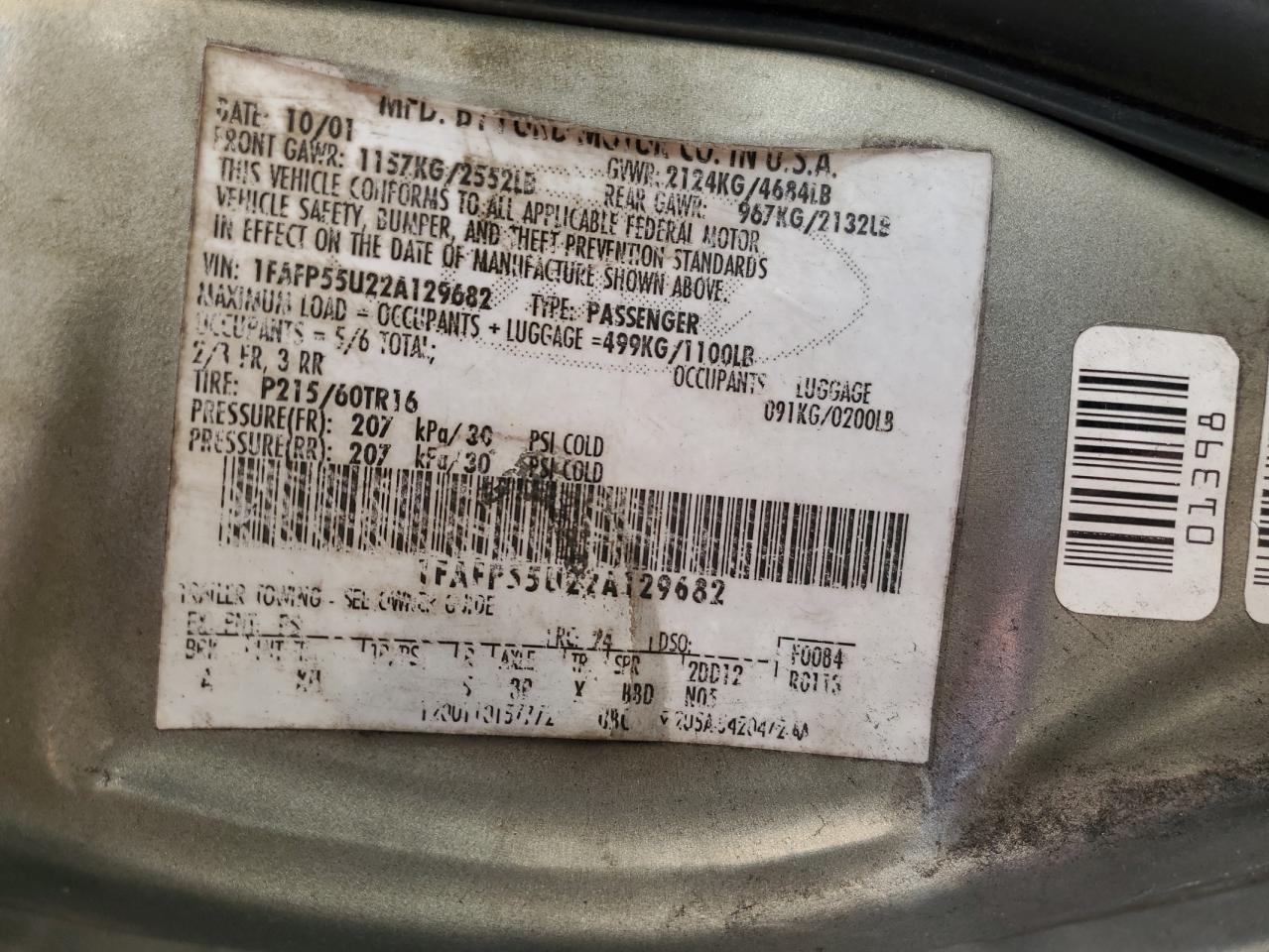 2002 Ford Taurus Ses VIN: 1FAFP55U22A129682 Lot: 89800605