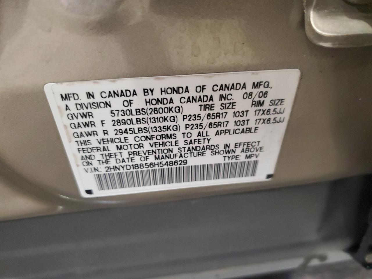 2006 Acura Mdx Touring VIN: 2HNYD18856H548629 Lot: 89873875