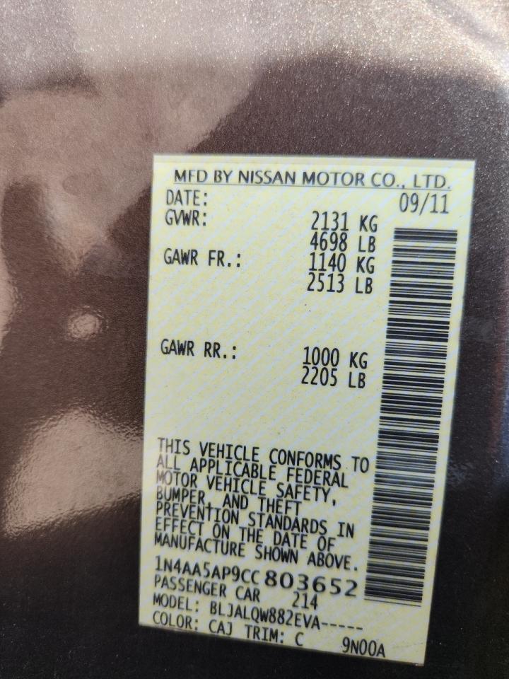 2012 Nissan Maxima S VIN: 1N4AA5AP9CC803652 Lot: 82578035