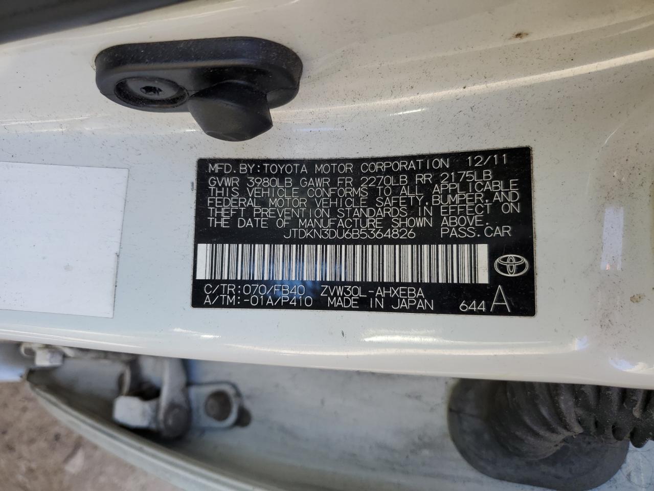 2011 Toyota Prius VIN: JTDKN3DU6B5364826 Lot: 86077015