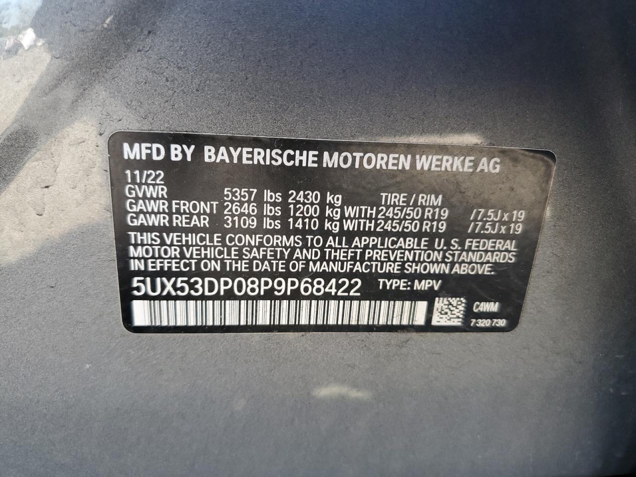 2023 BMW X3 xDrive30I VIN: 5UX53DP08P9P68422 Lot: 85137385