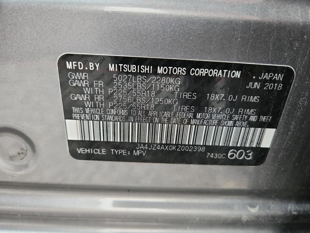 2019 Mitsubishi Outlander Gt VIN: JA4JZ4AX0KZ002398 Lot: 86632675