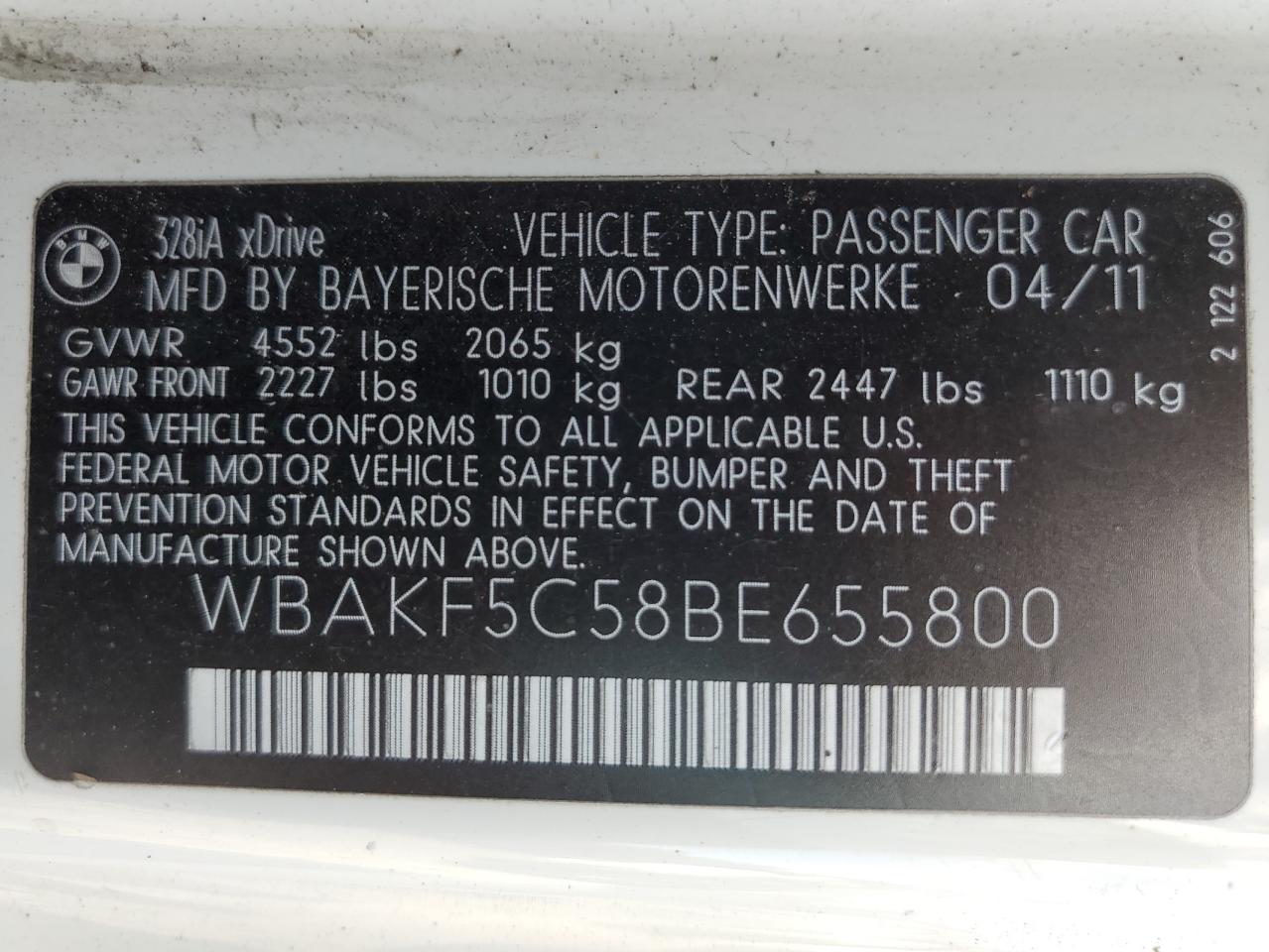 2011 BMW 328 Xi Sulev VIN: WBAKF5C58BE655800 Lot: 85745255