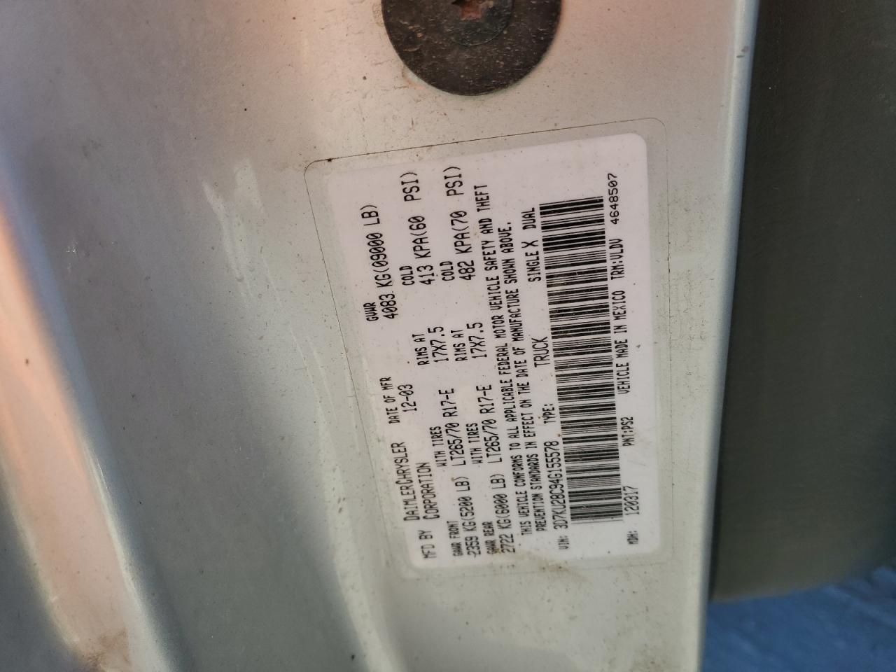 2004 Dodge Ram 2500 St VIN: 3D7KU28C94G155578 Lot: 87028505